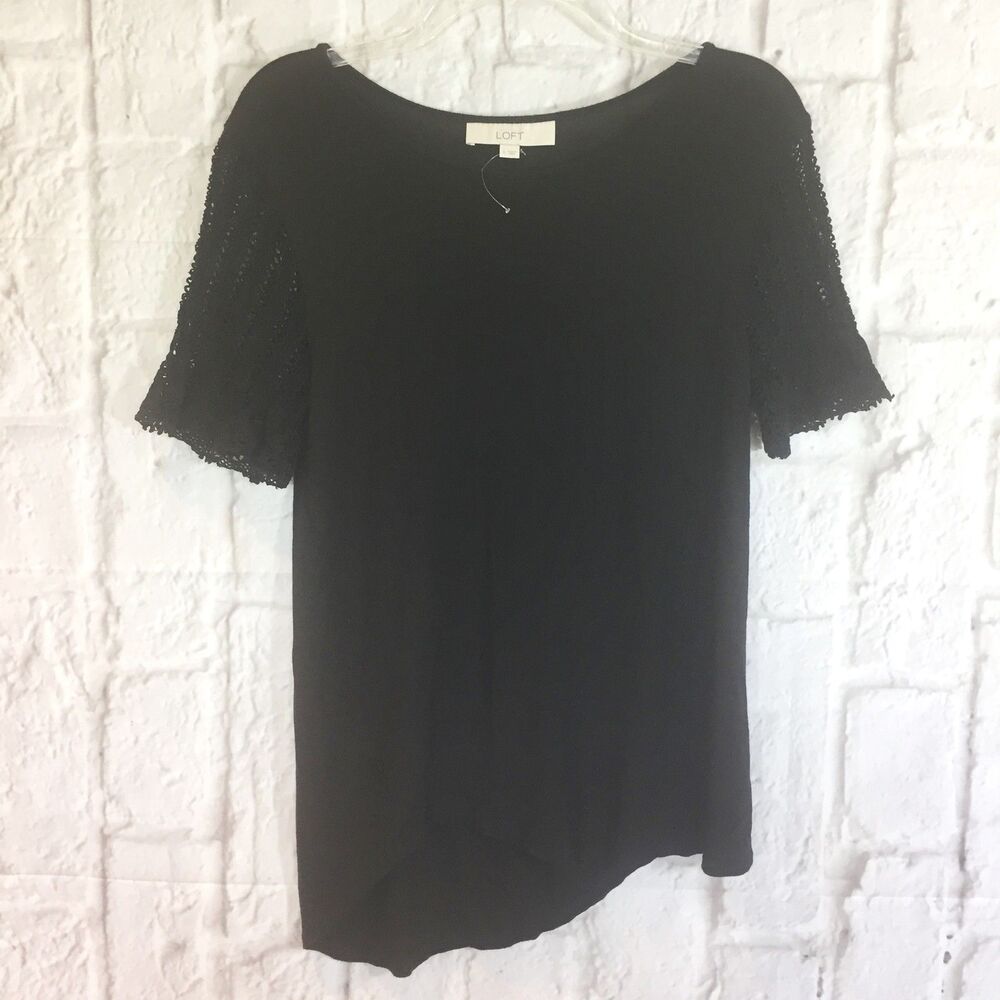 ANN TAYLOR LOFT BLACK Knit Top with Crochet Sleeve & Asymmetrical Hemline Small